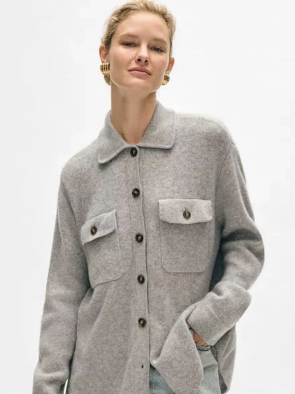 White + Warren Cashmere Luxe Button Down Shacket Grey Heather Small